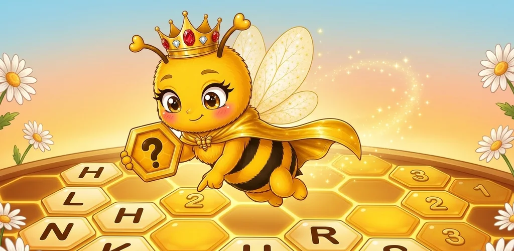 Melbees, a abelha rainha, voando sobre um favo com letras e números / Melbees, the queen bee, flying over a honeycomb with letters and numbers