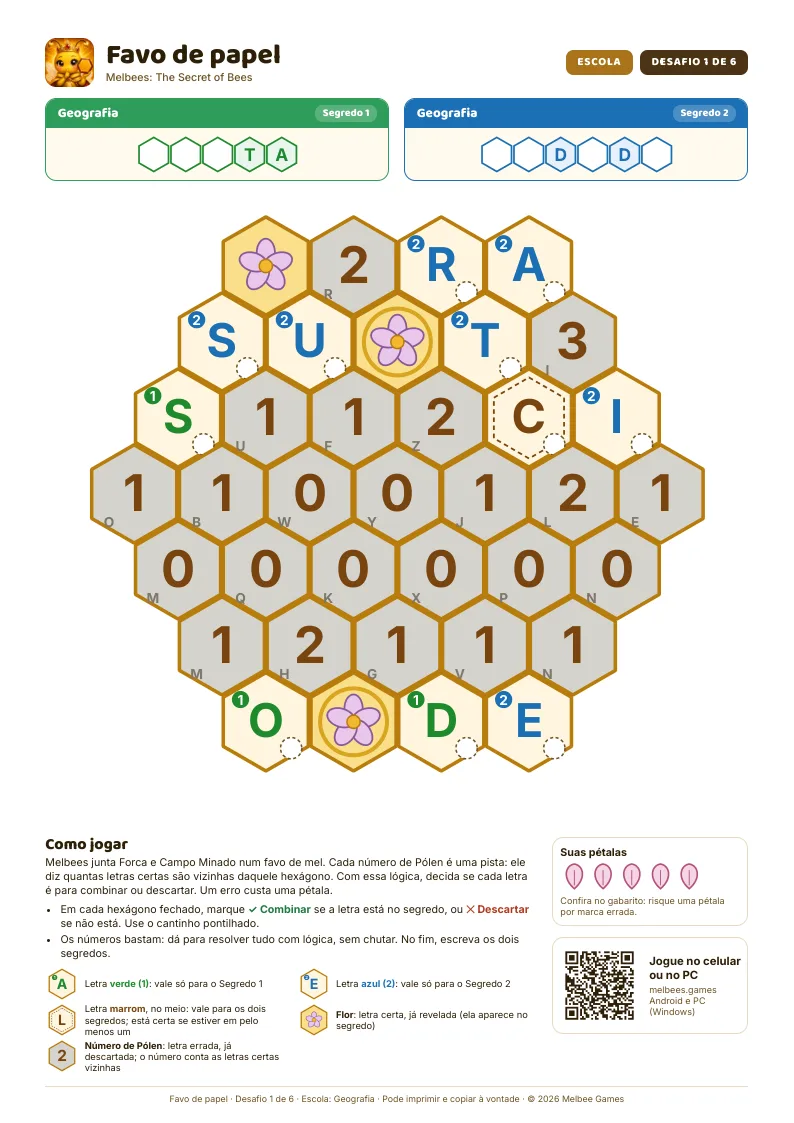 Uma folha do Favo de papel: o favo com letras e números de Pólen, os dois segredos e a regra